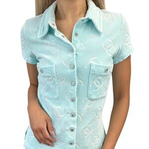 CHANEL Vintage 96A CC Logo Snap Button Velour Shirt Top #38 Light Blue [106065]